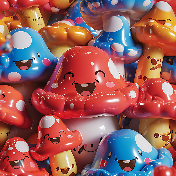 Inflated Glossy Cartoon Mushroom with Playful Faces seamless PBR texture preview