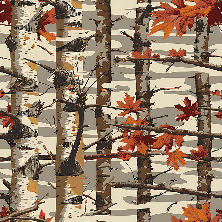 Autumn Birch Woodland Camouflage with Orange Maple Leaves Wood seamless PBR texture preview