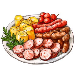 seamless Illustrated Mixed Sausage Breakfast Platter with Egg Rolls and Cherry Tomatoes texture 8k free download PBR