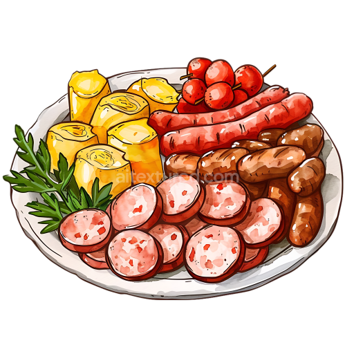Illustrated Mixed Sausage Breakfast Platter with Egg Rolls and Cherry Tomatoes