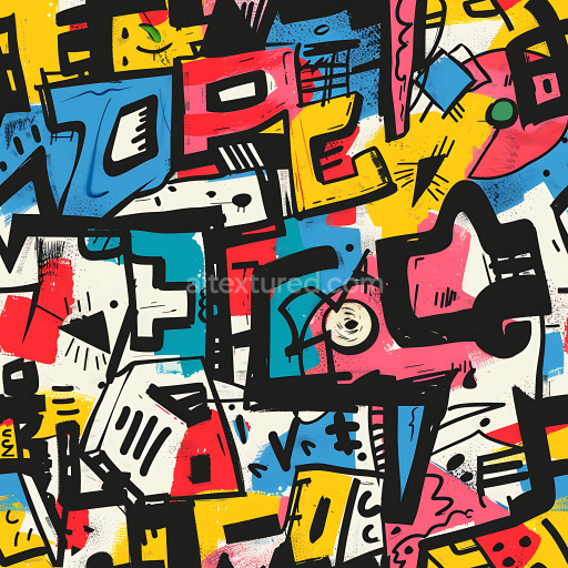 Preview — Seamless 3D PBR Texture Featuring Vibrant Abstract Graffiti with Bold Colors and Shapes