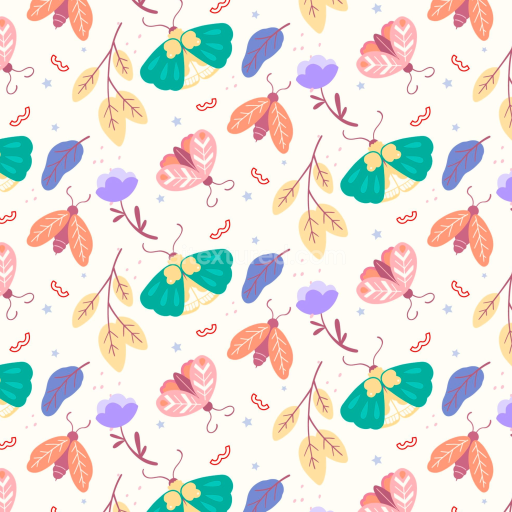 Seamless 3D PBR Texture of Hand-Drawn Watercolor Butterflies & Leaves Pattern