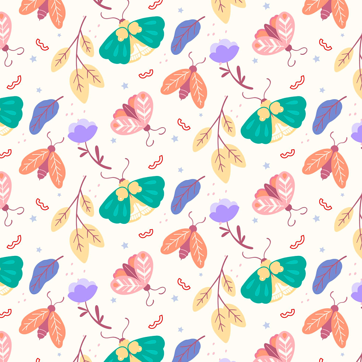 Hand-Drawn Watercolor Butterflies & Leaves Pattern seamless PBR texture preview
