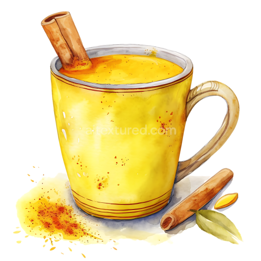 Breakfast Golden Milk Turmeric Latte in Yellow Mug Watercolor Illustration