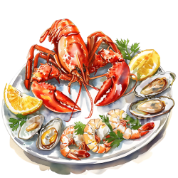 seamless Breakfast Seafood Platter Illustration Featuring Lobster, Shrimp, Clams, and Lemon texture 8k free download PBR