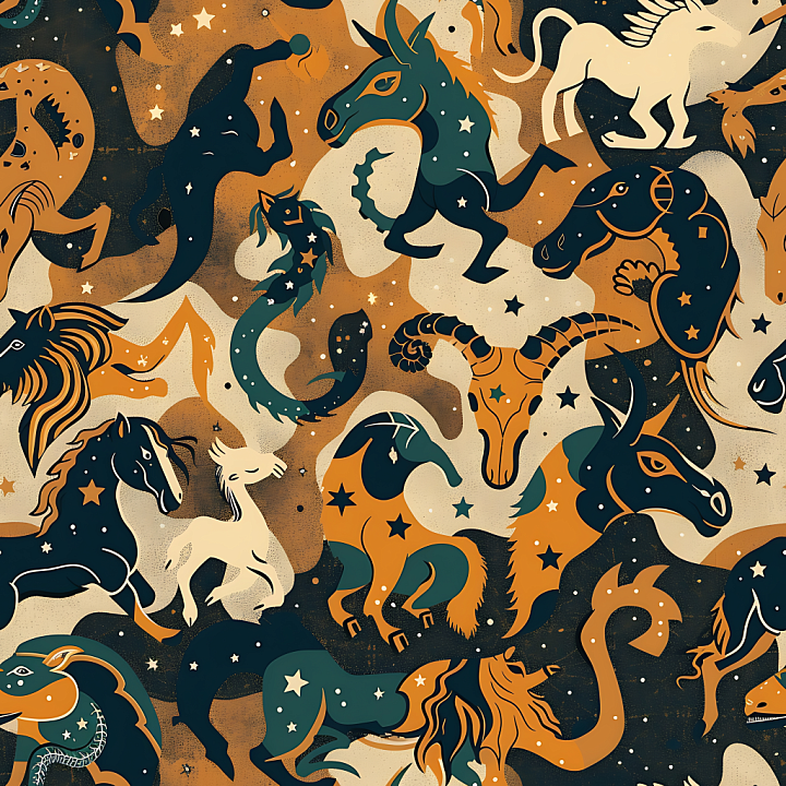 Stylized Mythical Creature Camouflage with Celestial Motifs seamless PBR texture preview