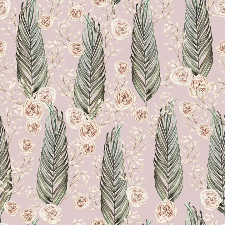 Boho with Watercolor Palm Leaves and Roses seamless PBR texture preview