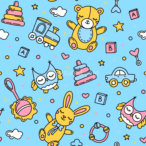 Seamless 3D PBR Texture Featuring Baby Boy Cartoon Toys and Symbols