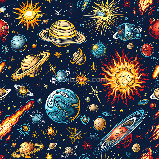 Seamless 3D Space PBR Texture Featuring Stylized Planets, Stars, and Cosmic Elements