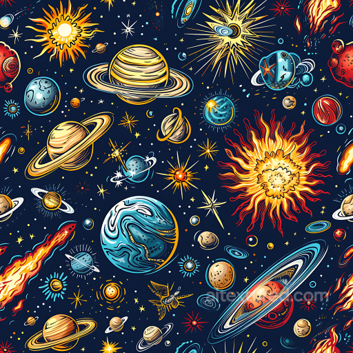 Space PBR Texture Featuring Stylized Planets, Stars, and Cosmic Elements seamless Star, space, planets PBR texture