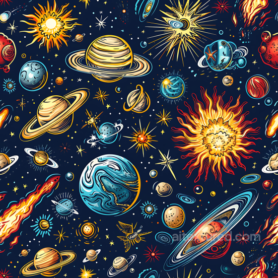 Space PBR Texture Featuring Stylized Planets, Stars, and Cosmic Elements Star, space, planets texture preview