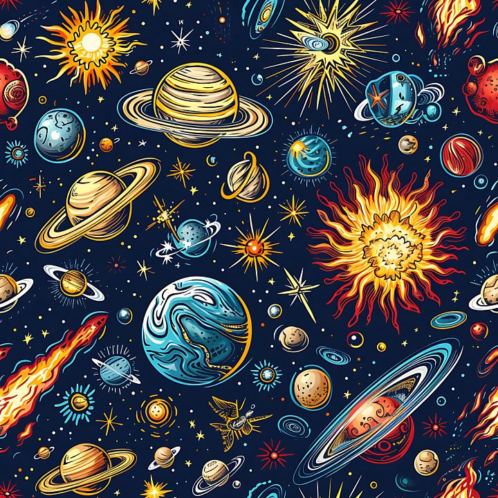 Space Featuring Stylized Planets, Stars, and Cosmic Elements seamless PBR texture preview