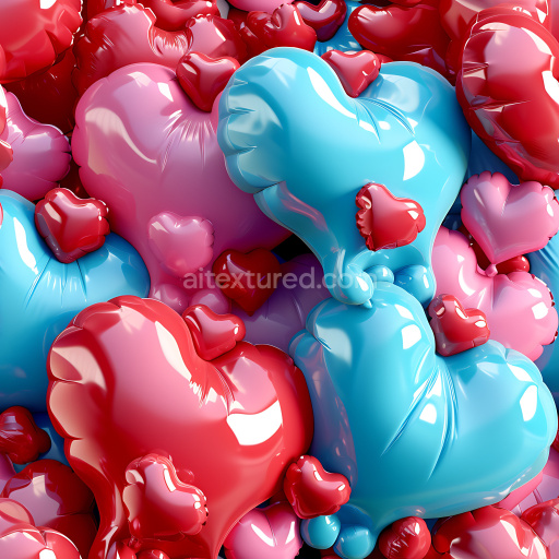 Seamless 3D Inflated PBR Texture of Glossy Heart-Shaped Vinyl Balloons in Red, Pink and Blue
