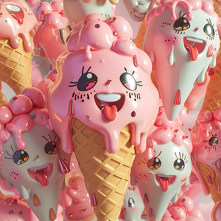 Inflated of Glossy Pink Cartoon Ice Cream Cones seamless PBR texture preview