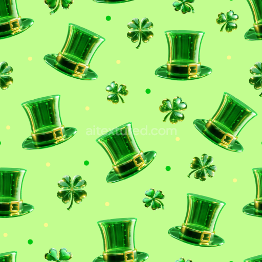 Preview — Seamless 3D PBR Texture Featuring Glossy Green Leprechaun Hats & Shamrocks