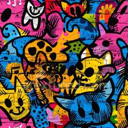 seamless Seamless 3D PBR texture of vibrant graffiti cat mural with bold outlines texture 8k free download PBR