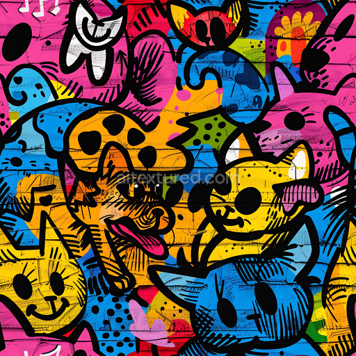Seamless 3D PBR texture of vibrant graffiti cat mural with bold outlines