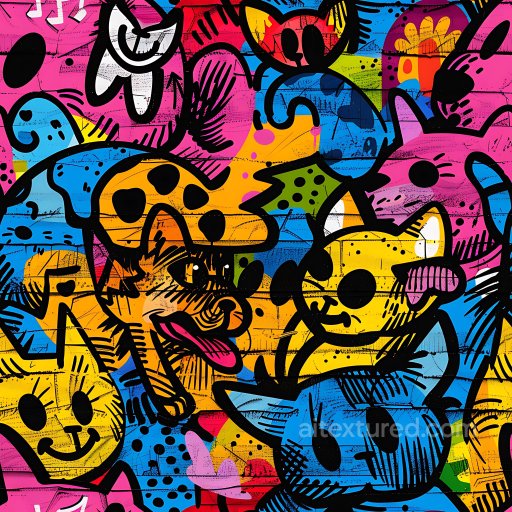 Seamless 3D PBR texture of vibrant graffiti cat mural with bold outlines texture preview