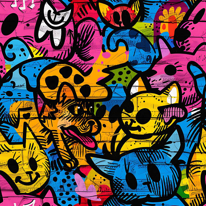 Of Vibrant Graffiti Cat Mural With Bold Outlines seamless PBR texture preview