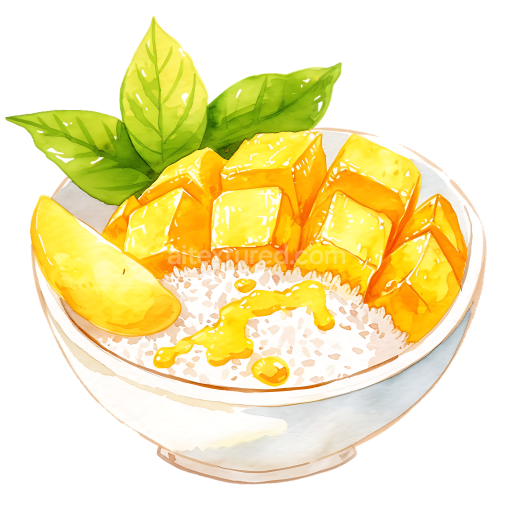Mango Sticky Rice Breakfast Bowl with Fresh Mango and Green Leaves Illustration