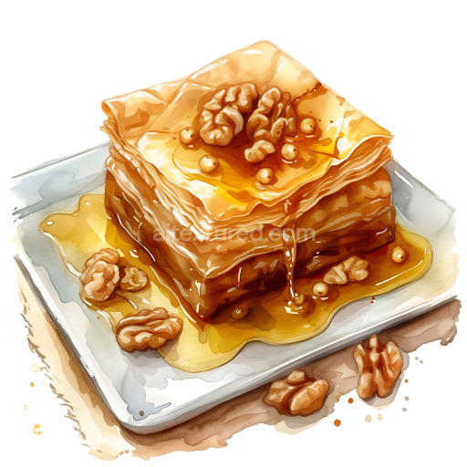 Detailed Baklava with Honey and Walnuts Breakfast Illustration