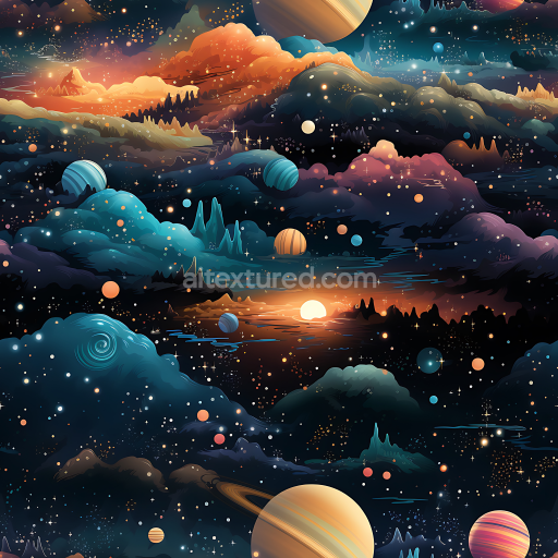 Seamless 3D Space PBR Texture Featuring Stylized Cosmic Nebula, Planets & Star Clusters