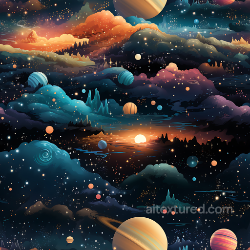 Space PBR Texture Featuring Stylized Cosmic Nebula, Planets & Star Clusters seamless Star, space, planets PBR texture