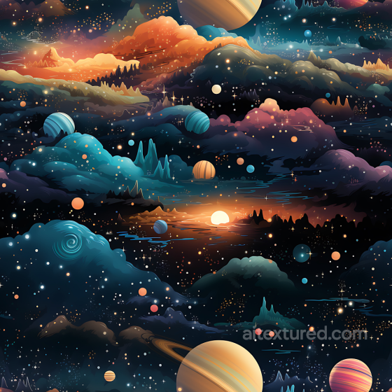 Space PBR Texture Featuring Stylized Cosmic Nebula, Planets & Star Clusters Star, space, planets texture preview