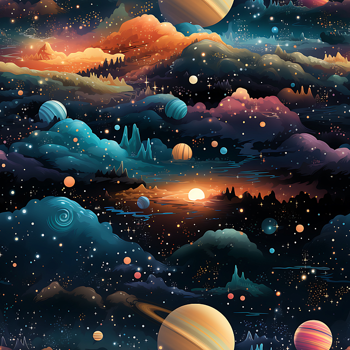 Space Featuring Stylized Cosmic Nebula, Planets & Star Clusters seamless PBR texture preview
