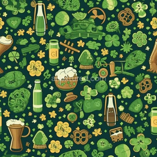 Seamless 3D PBR Texture Featuring St Patrick Green Clovers and Iconic Symbols