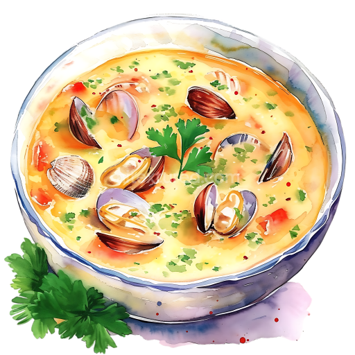 Breakfast Clam Chowder Illustration with Fresh Herbs and Clams