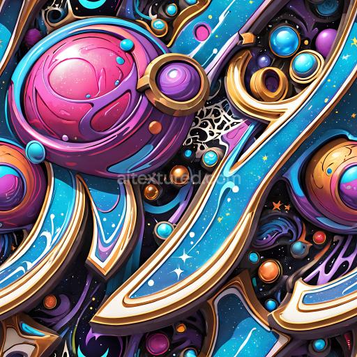 Seamless 3D PBR Texture Featuring Vibrant Cosmic Graffiti Art with Abstract Spheres
