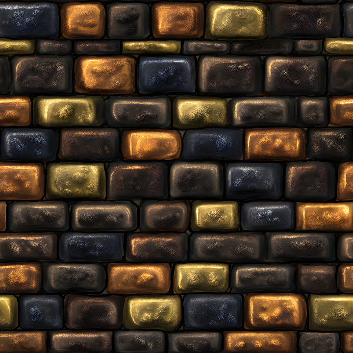 Cracked And Rusted Brick Wall With Rich Metallic Tones seamless PBR texture preview