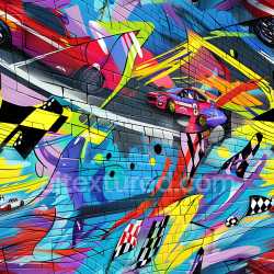 seamless Seamless 3D PBR Graffiti Texture Featuring Racing Cars and Abstract Colorful Patterns on Brick Wall texture 8k free download PBR