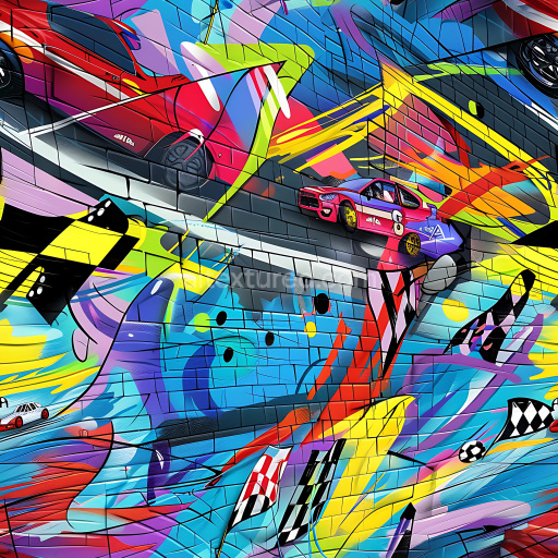 Seamless 3D PBR Graffiti Texture Featuring Racing Cars and Abstract Colorful Patterns on Brick Wall
