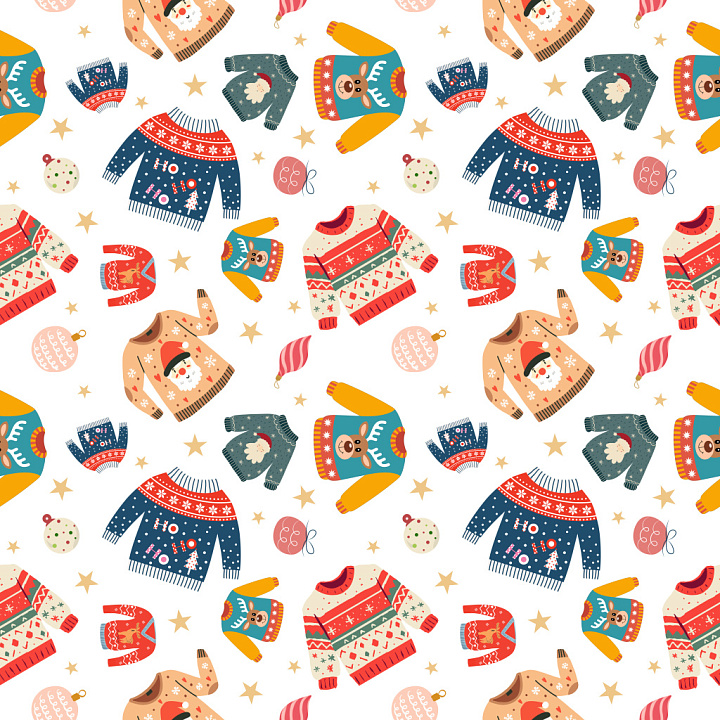 Pattern Featuring Festive Christmas Sweaters and Ornaments seamless PBR texture preview
