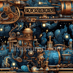 seamless Seamless 3D PBR Texture of Intricate Steampunk Mechanical Curled Design in Blue and Gold texture 8k free download PBR
