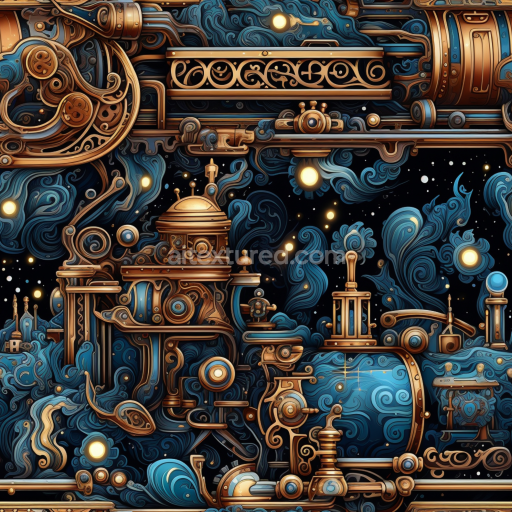 Seamless 3D PBR Texture of Intricate Steampunk Mechanical Curled Design in Blue and Gold