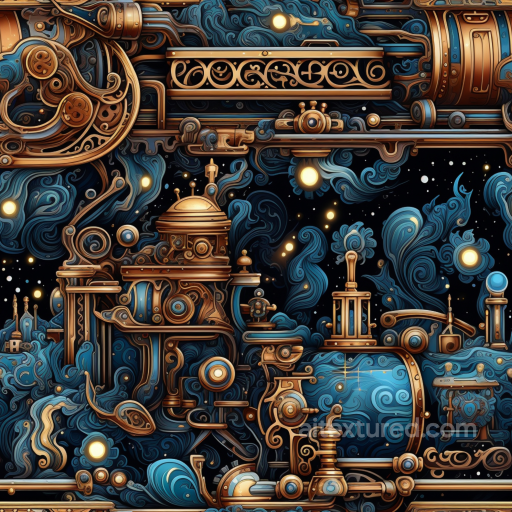 Vintage Scrapbook Texture of Intricate Steampunk Mechanical Curled Design in Blue and Gold seamless Vintage Scrapbook PBR texture