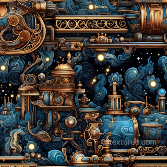 Vintage Scrapbook Texture of Intricate Steampunk Mechanical Curled Design in Blue and Gold Vintage Scrapbook texture preview