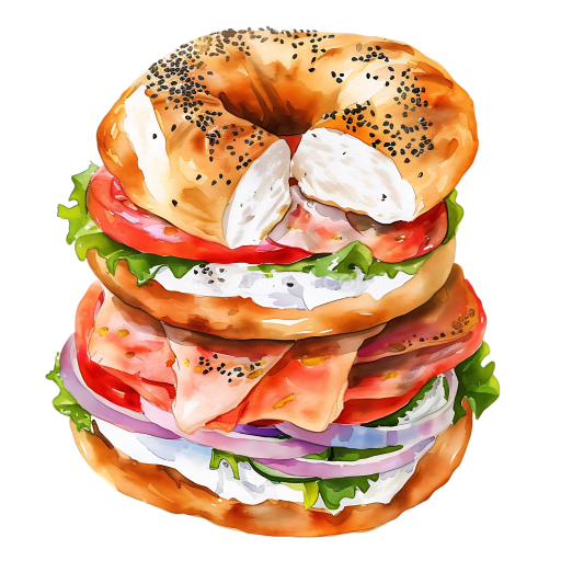 Watercolor Style Breakfast Bagel with Cream Cheese, Lox, and Fresh Vegetables