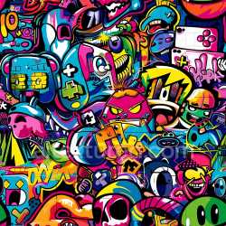 seamless Seamless 3D PBR Texture Featuring Vibrant Graffiti Characters and Urban Art texture 8k free download PBR