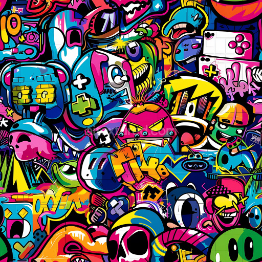Seamless 3D PBR Texture Featuring Vibrant Graffiti Characters and Urban Art