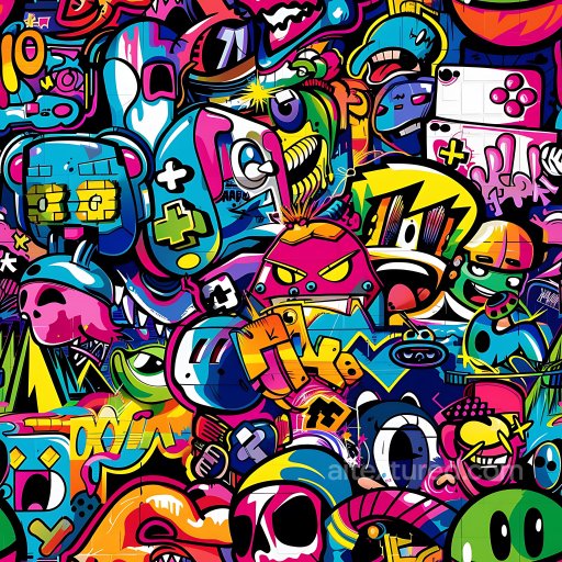 Seamless 3D PBR Texture Featuring Vibrant Graffiti Characters and Urban Art texture preview