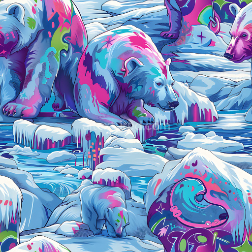 Seamless 3D PBR graffiti texture featuring stylized polar bears in vibrant colors