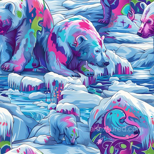 Seamless 3D PBR graffiti texture featuring stylized polar bears in vibrant colors texture preview