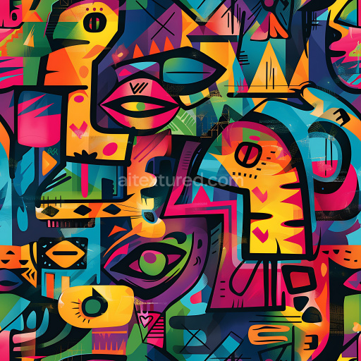 Seamless 3D PBR texture with vibrant abstract graffiti art and bold geometric shapes