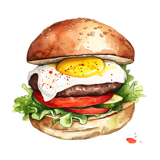 Watercolor Breakfast Burger with Fried Egg, Lettuce, Tomato Illustration