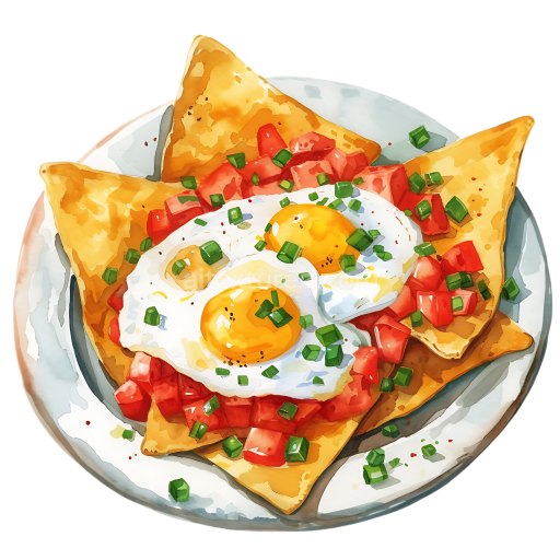 Breakfast Nachos with Scrambled Eggs and Fresh Tomatoes Illustration