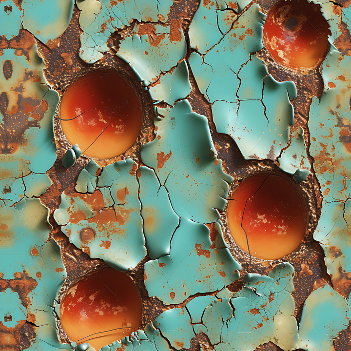 Cracked & Hole of Rusted Metal with Peeling Turquoise Paint and Deep Ru… seamless PBR texture preview